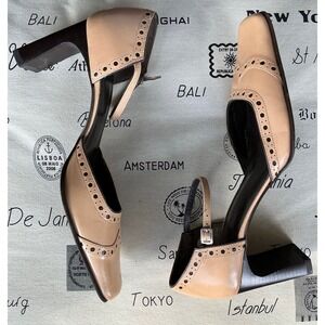 COACH VTG Women Heels 5.5 Beige Leather Block Heel Wingtip Square Toe Preppy Y2K